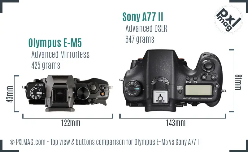 Olympus E-M5 vs Sony A77 II top view buttons comparison