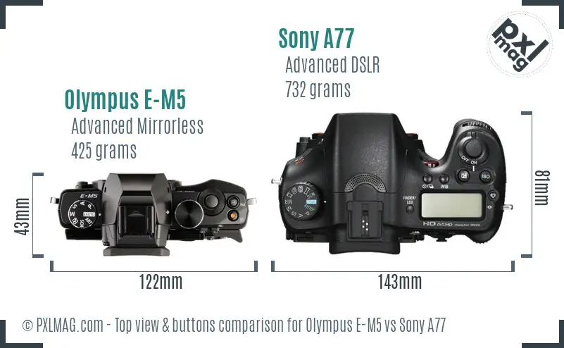 Olympus E-M5 vs Sony A77 top view buttons comparison