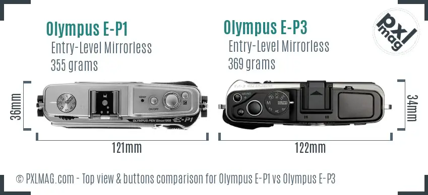 Olympus E-P1 vs Olympus E-P3 top view buttons comparison