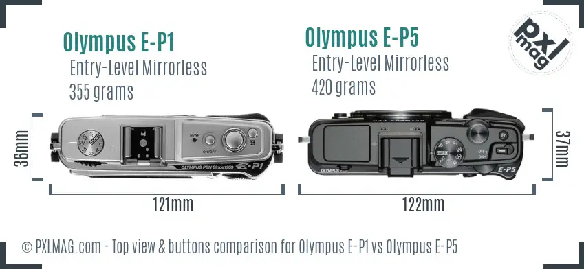 Olympus E-P1 vs Olympus E-P5 top view buttons comparison