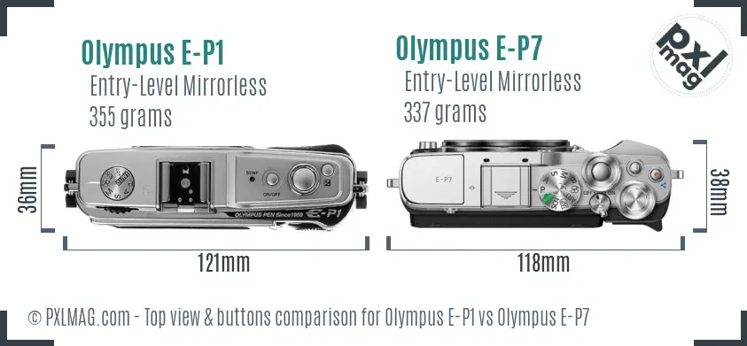 Olympus E-P1 vs Olympus E-P7 top view buttons comparison