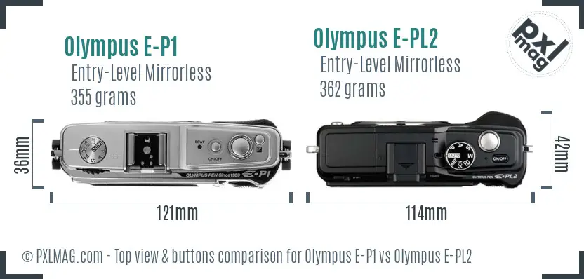 Olympus E-P1 vs Olympus E-PL2 top view buttons comparison