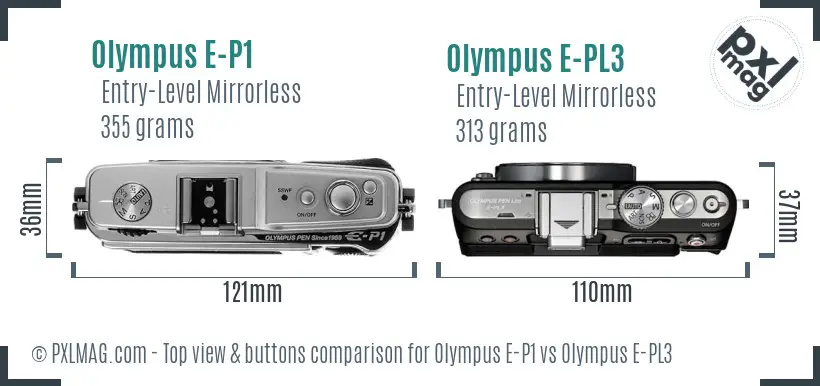 Olympus E-P1 vs Olympus E-PL3 top view buttons comparison