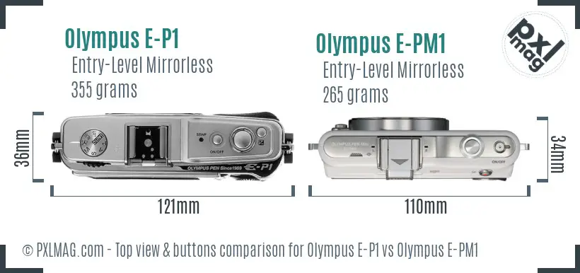 Olympus E-P1 vs Olympus E-PM1 top view buttons comparison