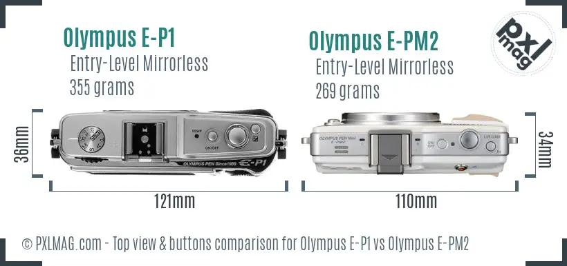 Olympus E-P1 vs Olympus E-PM2 top view buttons comparison
