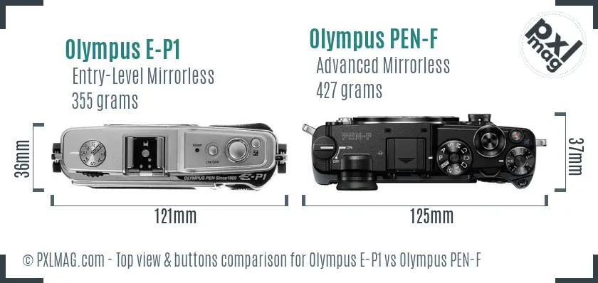 Olympus E-P1 vs Olympus PEN-F top view buttons comparison