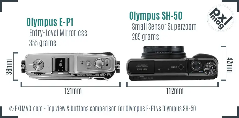 Olympus E-P1 vs Olympus SH-50 top view buttons comparison
