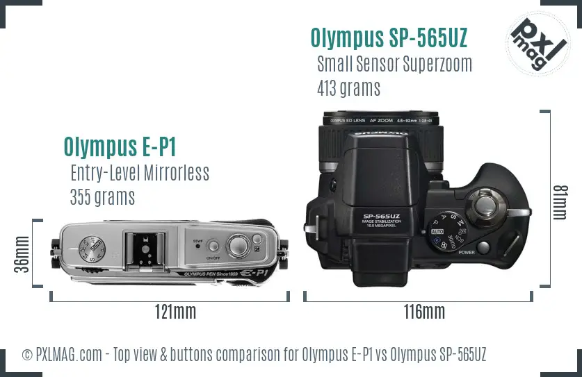 Olympus E-P1 vs Olympus SP-565UZ top view buttons comparison
