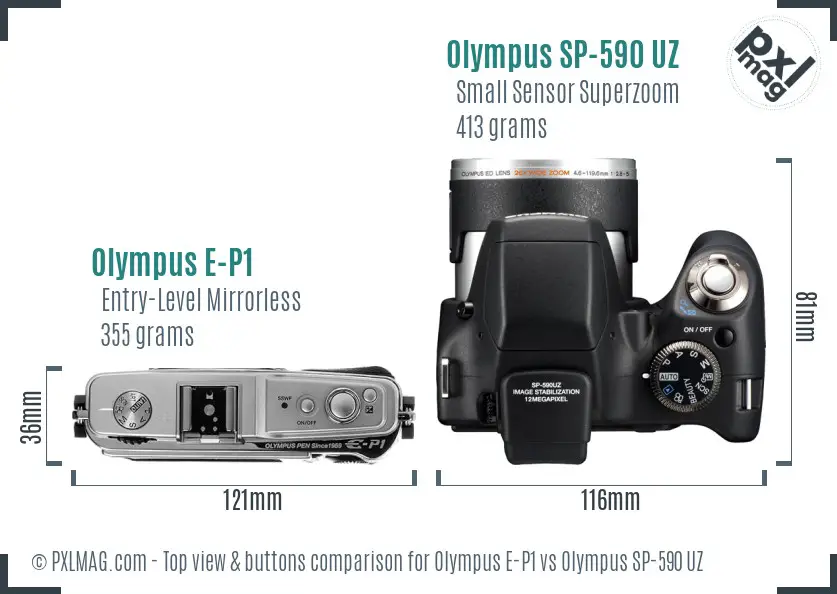 Olympus E-P1 vs Olympus SP-590 UZ top view buttons comparison