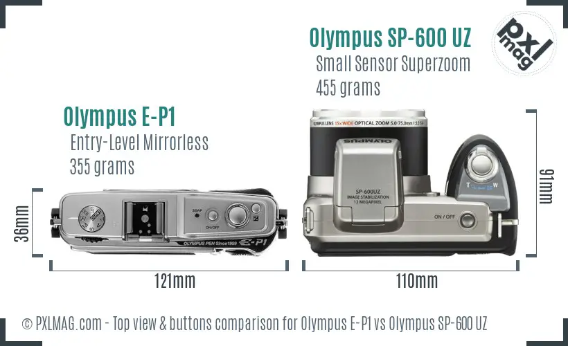 Olympus E-P1 vs Olympus SP-600 UZ top view buttons comparison