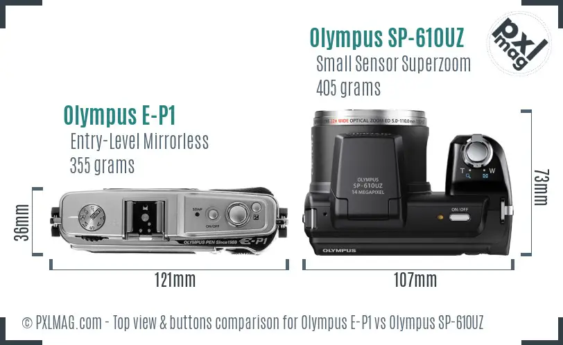 Olympus E-P1 vs Olympus SP-610UZ top view buttons comparison