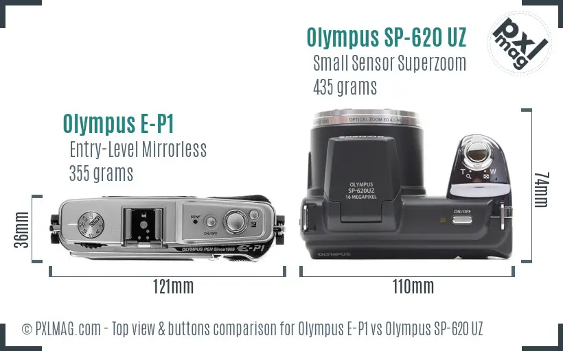 Olympus E-P1 vs Olympus SP-620 UZ top view buttons comparison