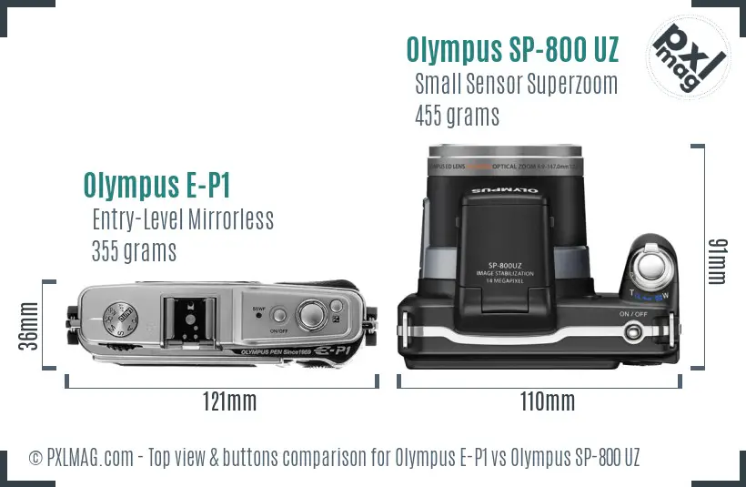 Olympus E-P1 vs Olympus SP-800 UZ top view buttons comparison