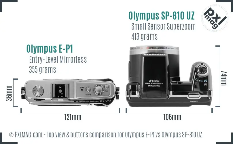 Olympus E-P1 vs Olympus SP-810 UZ top view buttons comparison