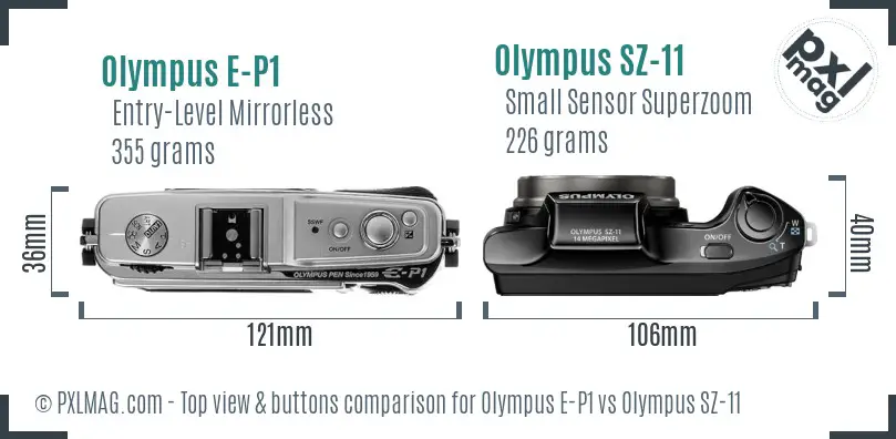 Olympus E-P1 vs Olympus SZ-11 top view buttons comparison