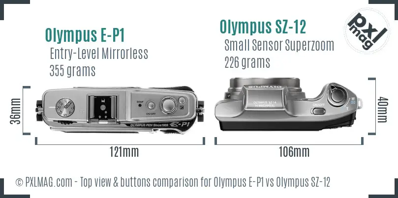 Olympus E-P1 vs Olympus SZ-12 top view buttons comparison