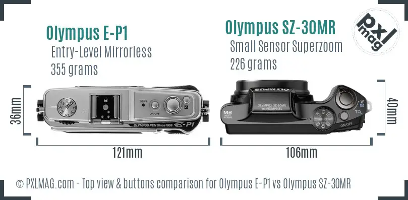 Olympus E-P1 vs Olympus SZ-30MR top view buttons comparison