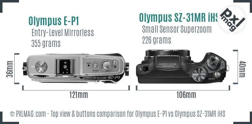 Olympus E-P1 vs Olympus SZ-31MR iHS top view buttons comparison