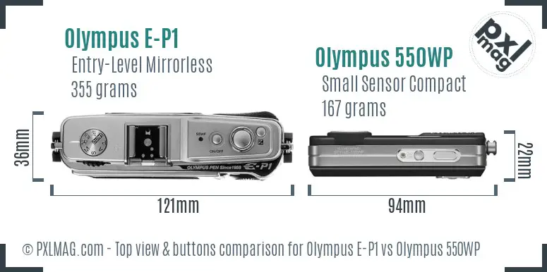 Olympus E-P1 vs Olympus 550WP top view buttons comparison