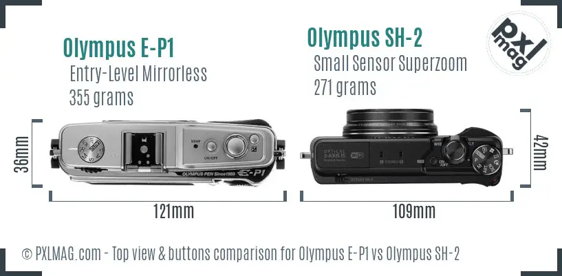 Olympus E-P1 vs Olympus SH-2 top view buttons comparison