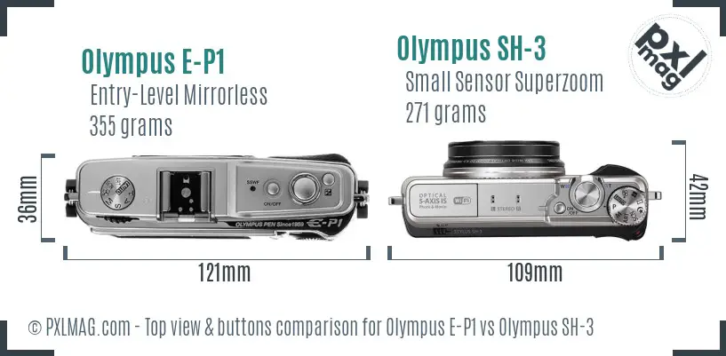 Olympus E-P1 vs Olympus SH-3 top view buttons comparison