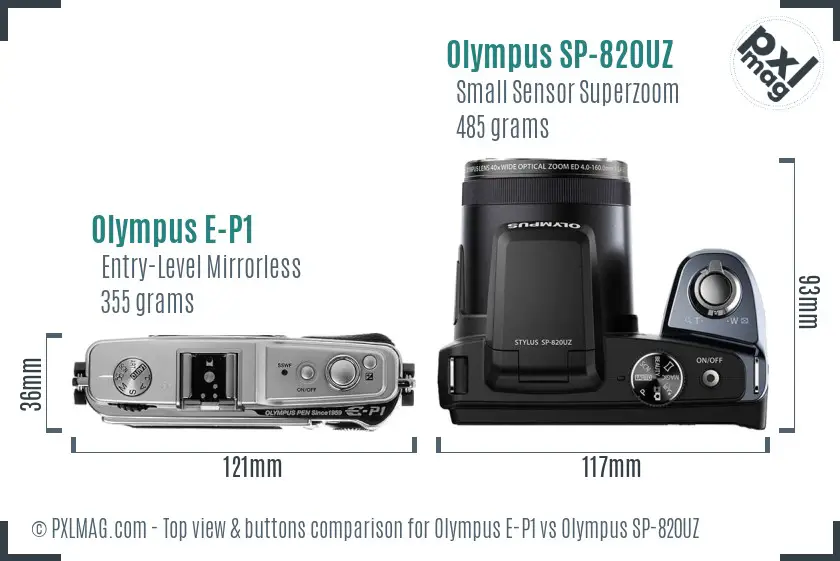 Olympus E-P1 vs Olympus SP-820UZ top view buttons comparison