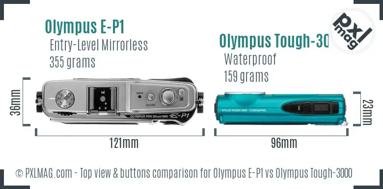 Olympus E-P1 vs Olympus Tough-3000 top view buttons comparison