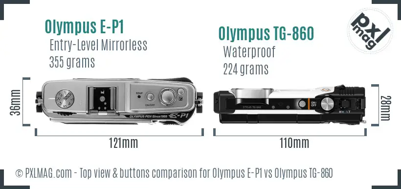 Olympus E-P1 vs Olympus TG-860 top view buttons comparison
