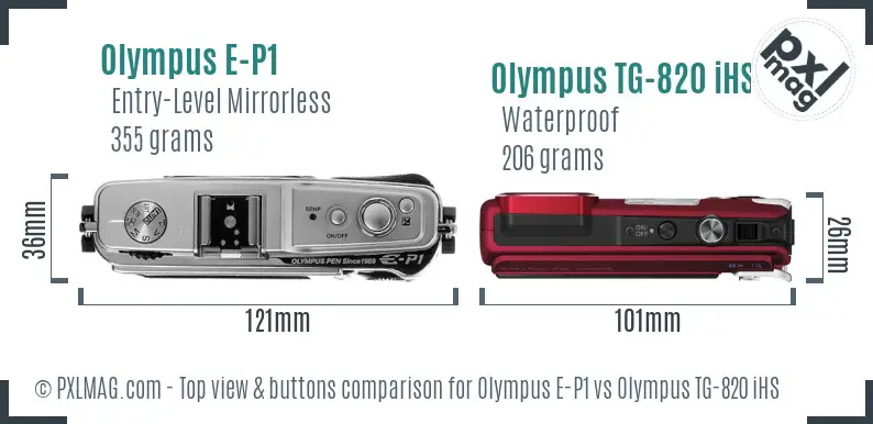 Olympus E-P1 vs Olympus TG-820 iHS top view buttons comparison