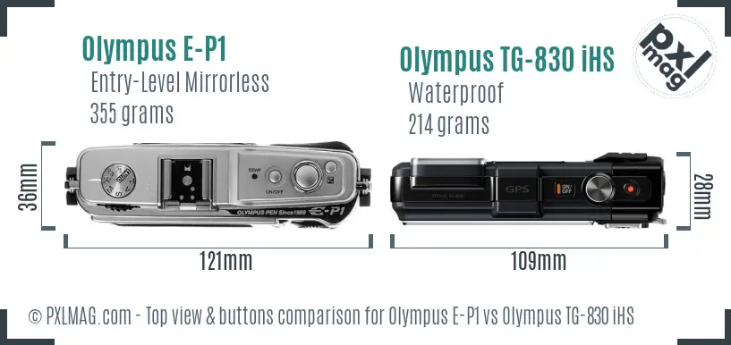 Olympus E-P1 vs Olympus TG-830 iHS top view buttons comparison