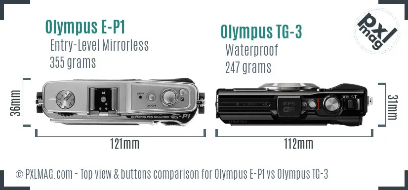 Olympus E-P1 vs Olympus TG-3 top view buttons comparison