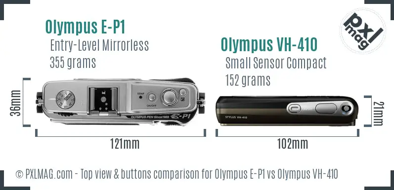 Olympus E-P1 vs Olympus VH-410 top view buttons comparison
