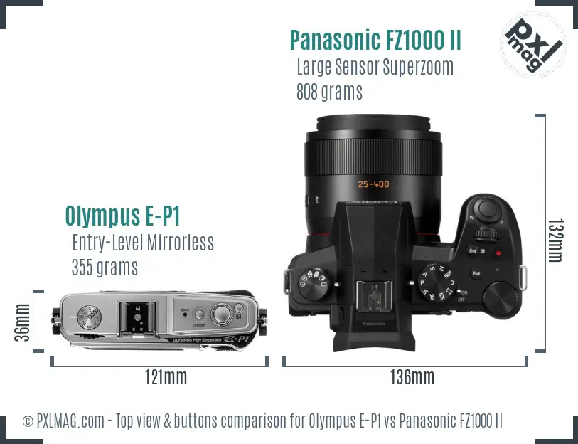 Olympus E-P1 vs Panasonic FZ1000 II top view buttons comparison