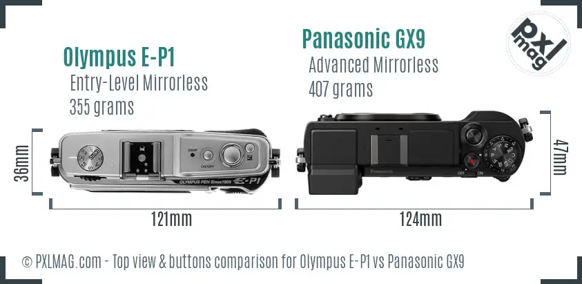 Olympus E-P1 vs Panasonic GX9 top view buttons comparison