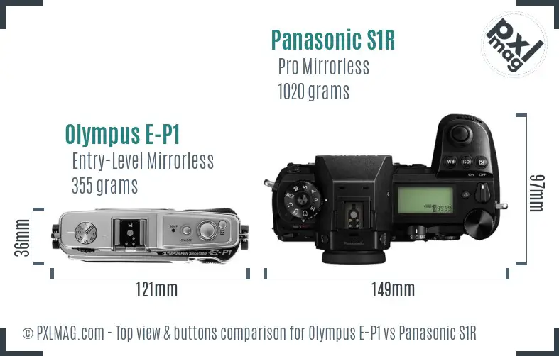 Olympus E-P1 vs Panasonic S1R top view buttons comparison