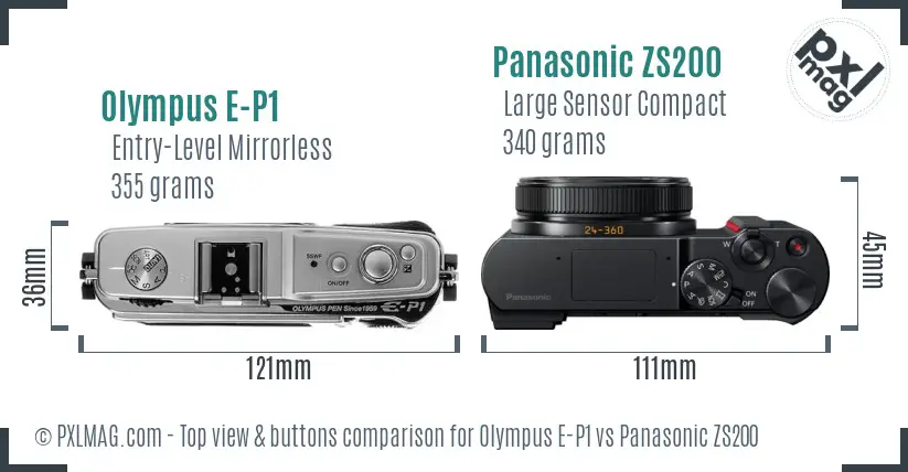 Olympus E-P1 vs Panasonic ZS200 top view buttons comparison