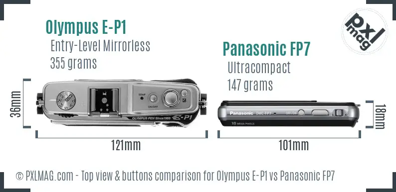 Olympus E-P1 vs Panasonic FP7 top view buttons comparison