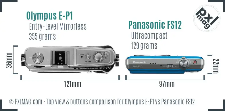 Olympus E-P1 vs Panasonic FS12 top view buttons comparison