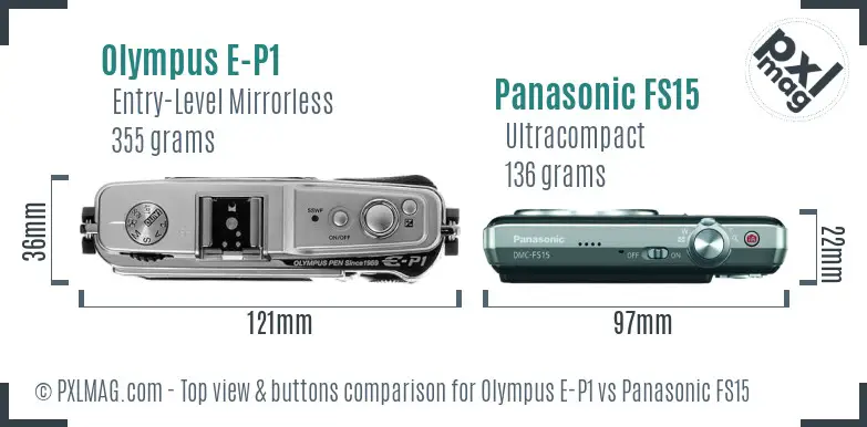 Olympus E-P1 vs Panasonic FS15 top view buttons comparison