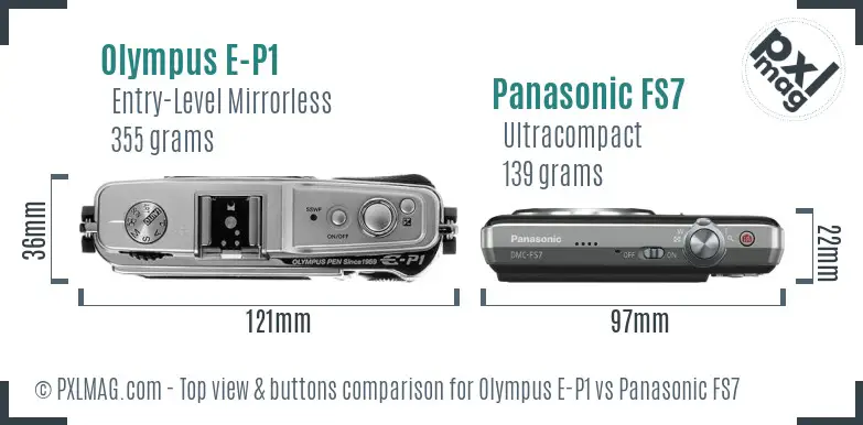 Olympus E-P1 vs Panasonic FS7 top view buttons comparison