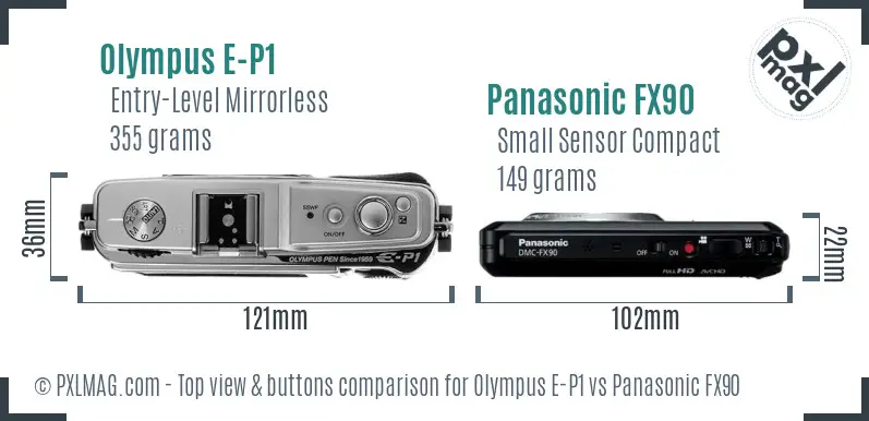 Olympus E-P1 vs Panasonic FX90 top view buttons comparison