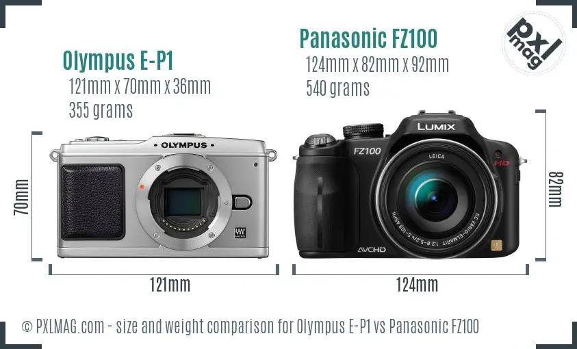 Olympus E-P1 vs Panasonic FZ100 size comparison