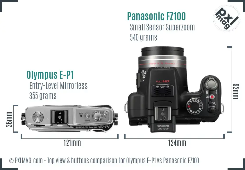 Olympus E-P1 vs Panasonic FZ100 top view buttons comparison