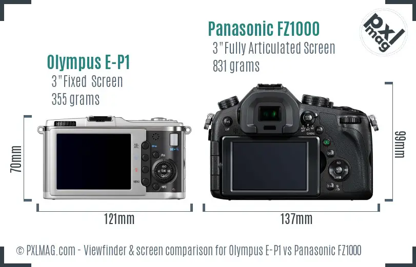 Olympus E-P1 vs Panasonic FZ1000 Screen and Viewfinder comparison