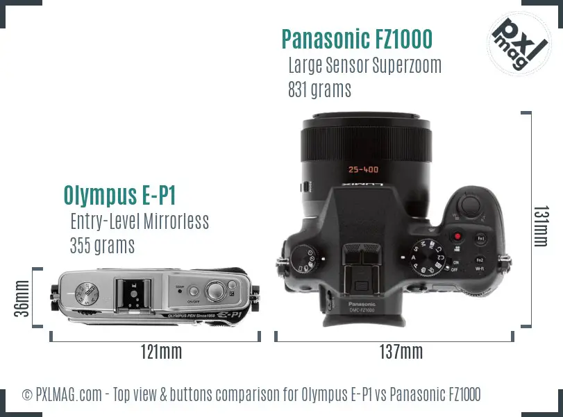 Olympus E-P1 vs Panasonic FZ1000 top view buttons comparison