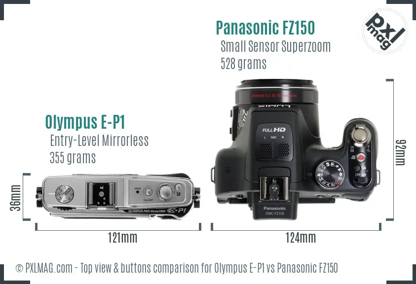 Olympus E-P1 vs Panasonic FZ150 top view buttons comparison
