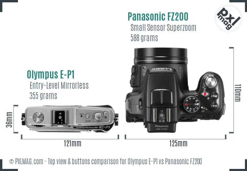 Olympus E-P1 vs Panasonic FZ200 top view buttons comparison