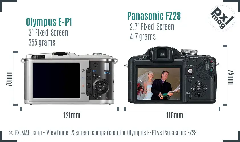 Olympus E-P1 vs Panasonic FZ28 Screen and Viewfinder comparison