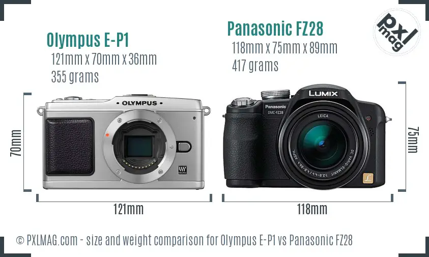 Olympus E-P1 vs Panasonic FZ28 size comparison