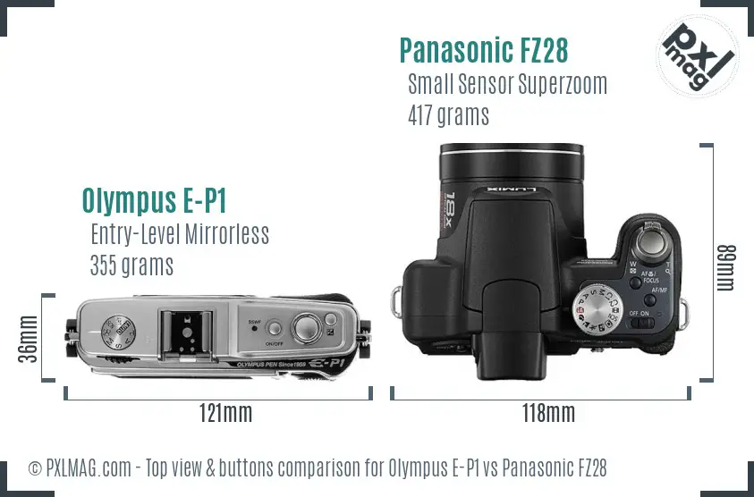 Olympus E-P1 vs Panasonic FZ28 top view buttons comparison